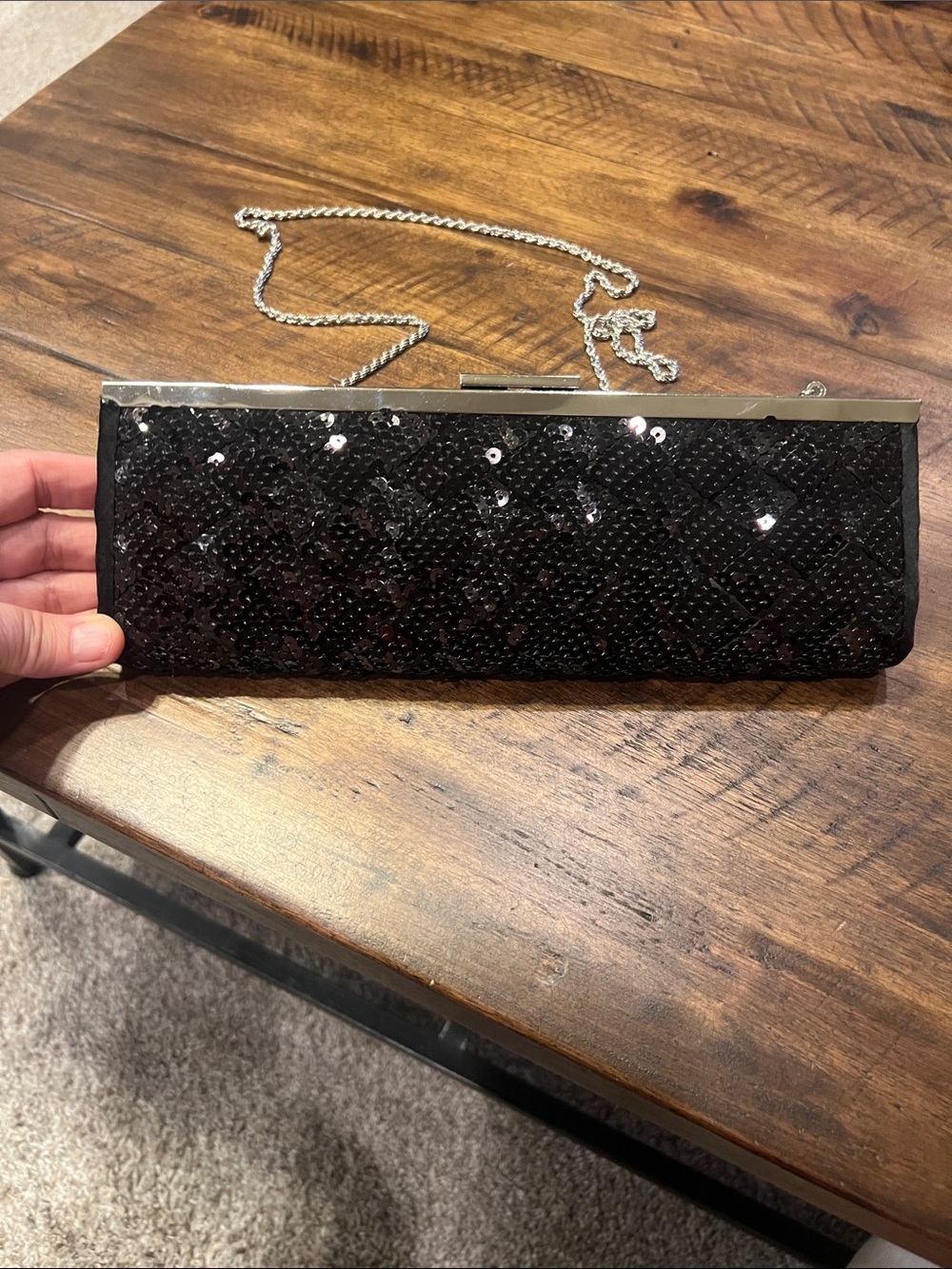 La Regale Black Sequin Clutch with Silver Chain